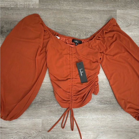 Lulu’s Completed Charmed Ruched Top Crop Top Small Rust Orange - Picture 2 of 15